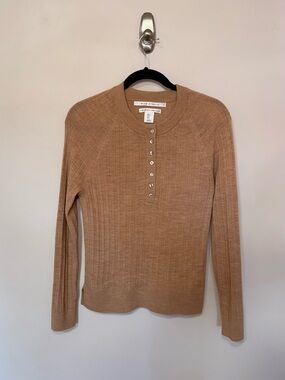Max Studio Merino Wool Ribbed Henley Long-Sleeve Top in Camel/Tan